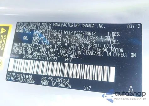 2012 Lexus Rx 350 z USA, uszkodzony, nr VIN 2T2BK1BA4CC149290